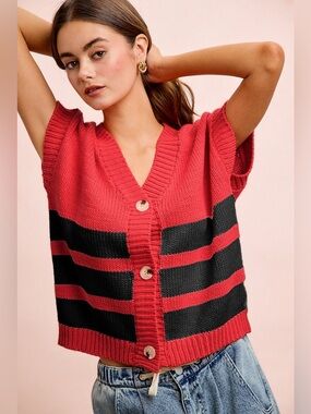 BiBi Game Day Theme Stripe Buttoned V Neck Knit Cardigan